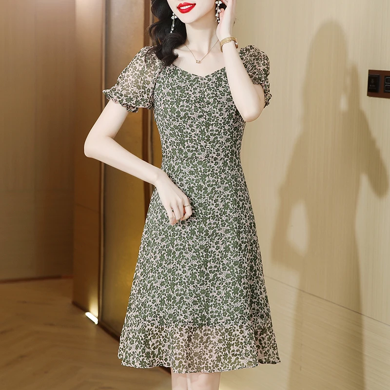 

Spring Summer Print Chiffon Ruffled Midi Dress Women Fashion Light Casual Beach Sunress 2025 Korean Elegant Bodycon Party Dress