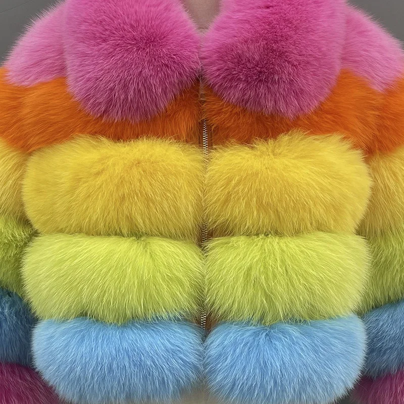 JANEFUR 천연 모피 코트 여성용 레인보우 패션 럭셔리 크롭 리얼 폭스 퍼 재킷 도매 겨울 여성 코트
