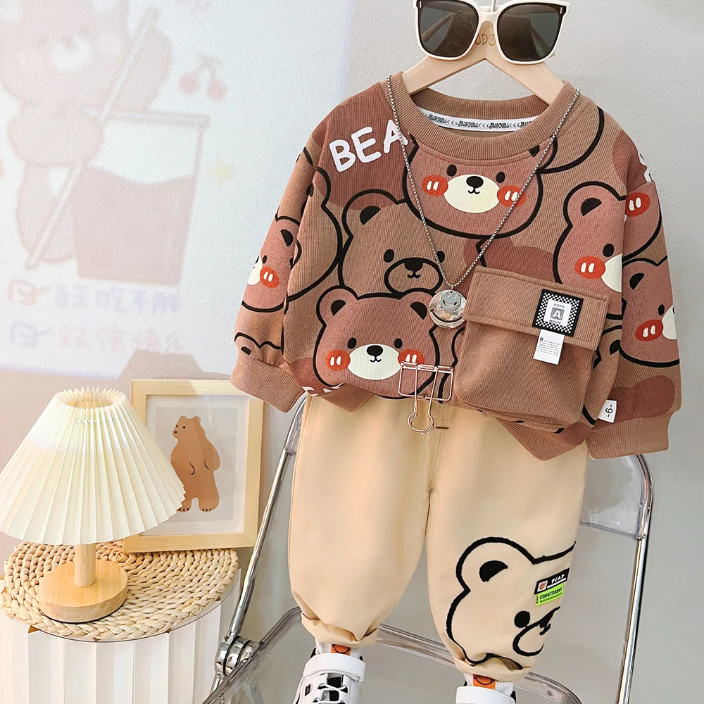 2024 Spring New Baby Boys Clothing Sets Cartoon Bear Long Sleeve Round Neck Sweatshirt + Sweat Pants Children\'s Casual Clothes