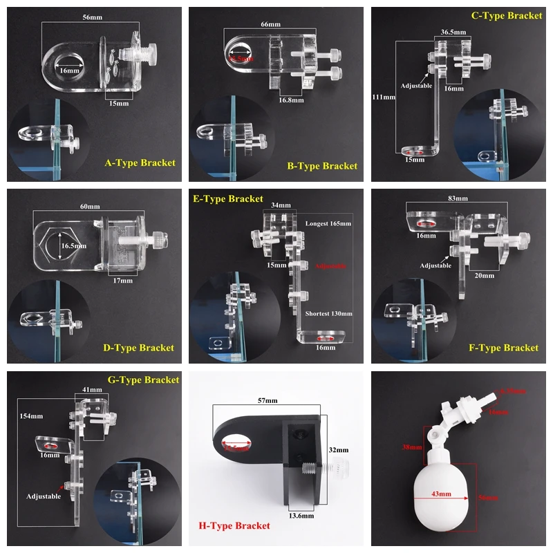 8 Types Ball Float Valve Bracket Aquarium Fish Tank Glass Clamping Bracket Aquaculture Float Valve Connect Adjustable Accessory