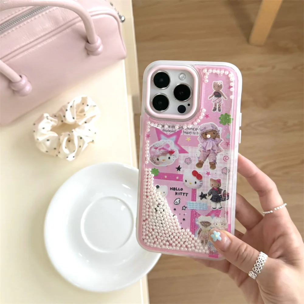 

Hip Hop Creative Star Hello Kitty INS Cute Phone Case For iPhone 16 15 14 13 12 11 Pro Max Plus Small Pearl quicksand soft Cover