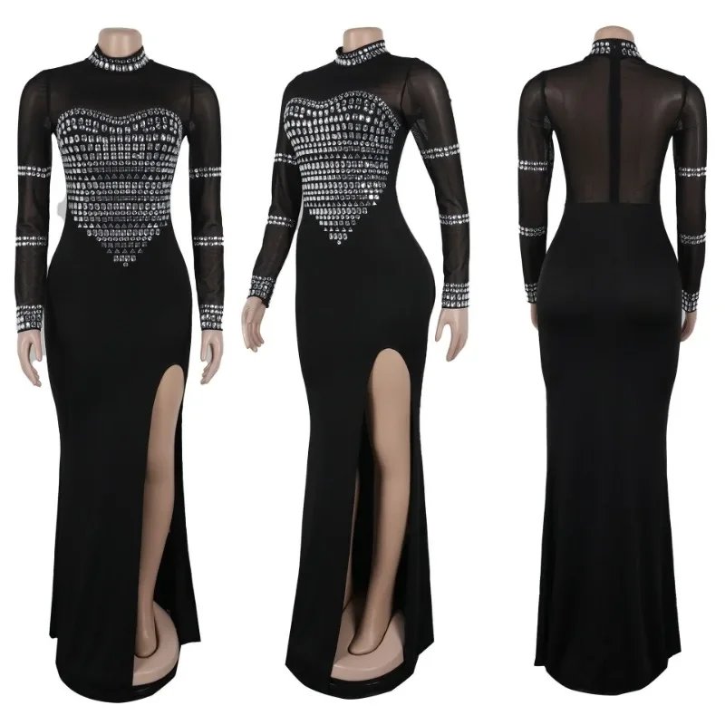 KEXU-Robe Sirène Fendue sur le Côté pour Femme, Manches sulf, Maille Strass, Maxi, Diamants, Robes de Soirée Sexy, Robe Éducative