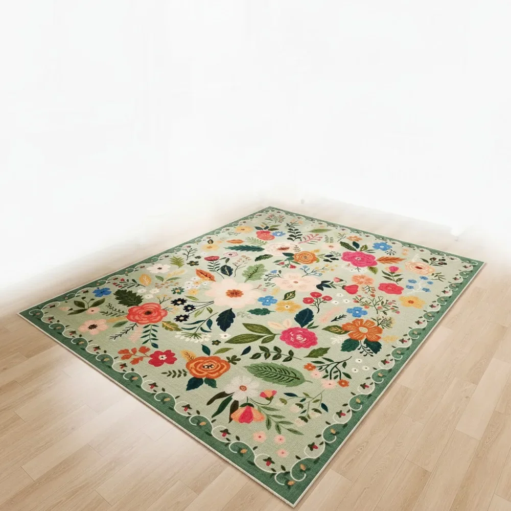 

Washable 3x5 Area Rug Non-Slip Low Pile Boho Floral Carpet for Bedroom Kitchen Kids Room Office Dorm Green