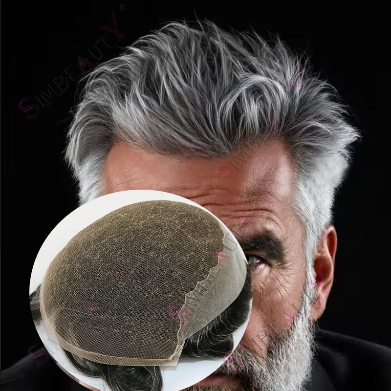 

# 1B80 1B65 # Мужской парик-накладка из 100% натуральных волос, серо-черный, дышащий, с швейцарским кружевом Q6 и полиуретановой основой, имитация седых волос (соль и перец)