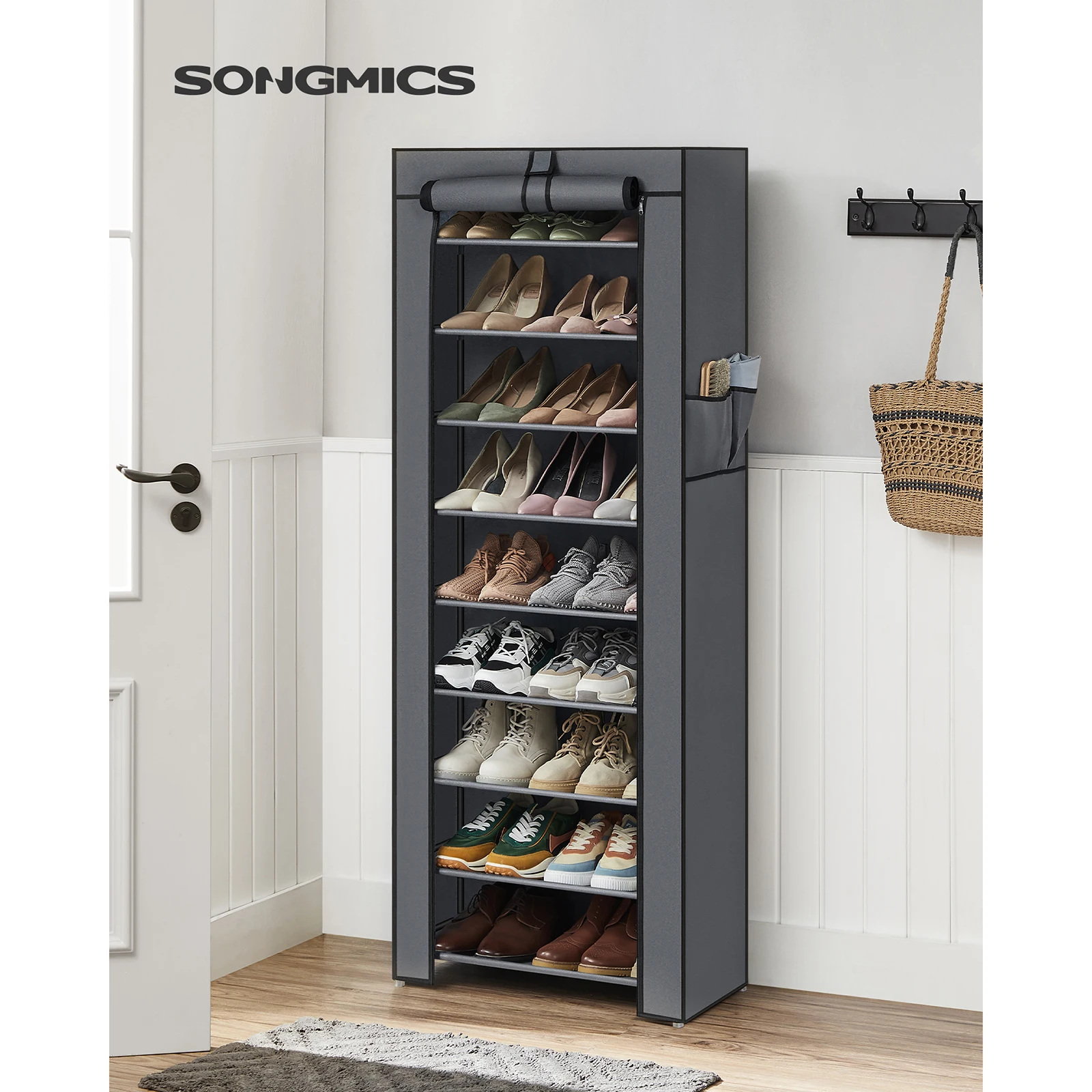 SONGMICS 10-Tier Shoe Rack: 58x28x160cm, Holds up to 27 Pairs, Free-Standing Storage Organizer, Grey.