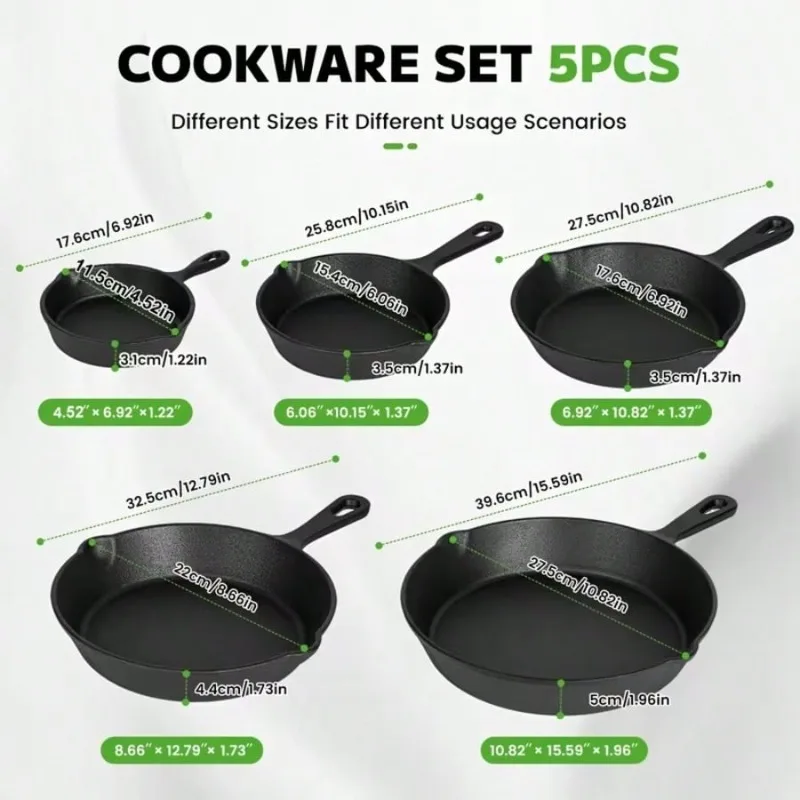 Black Cast Iron Skillet 5-Piece Set, Heavy-Duty Professional Restaurant Chef Quality Pre-Seasoned Pan Cookware Set Kitchen,Dining & Bar