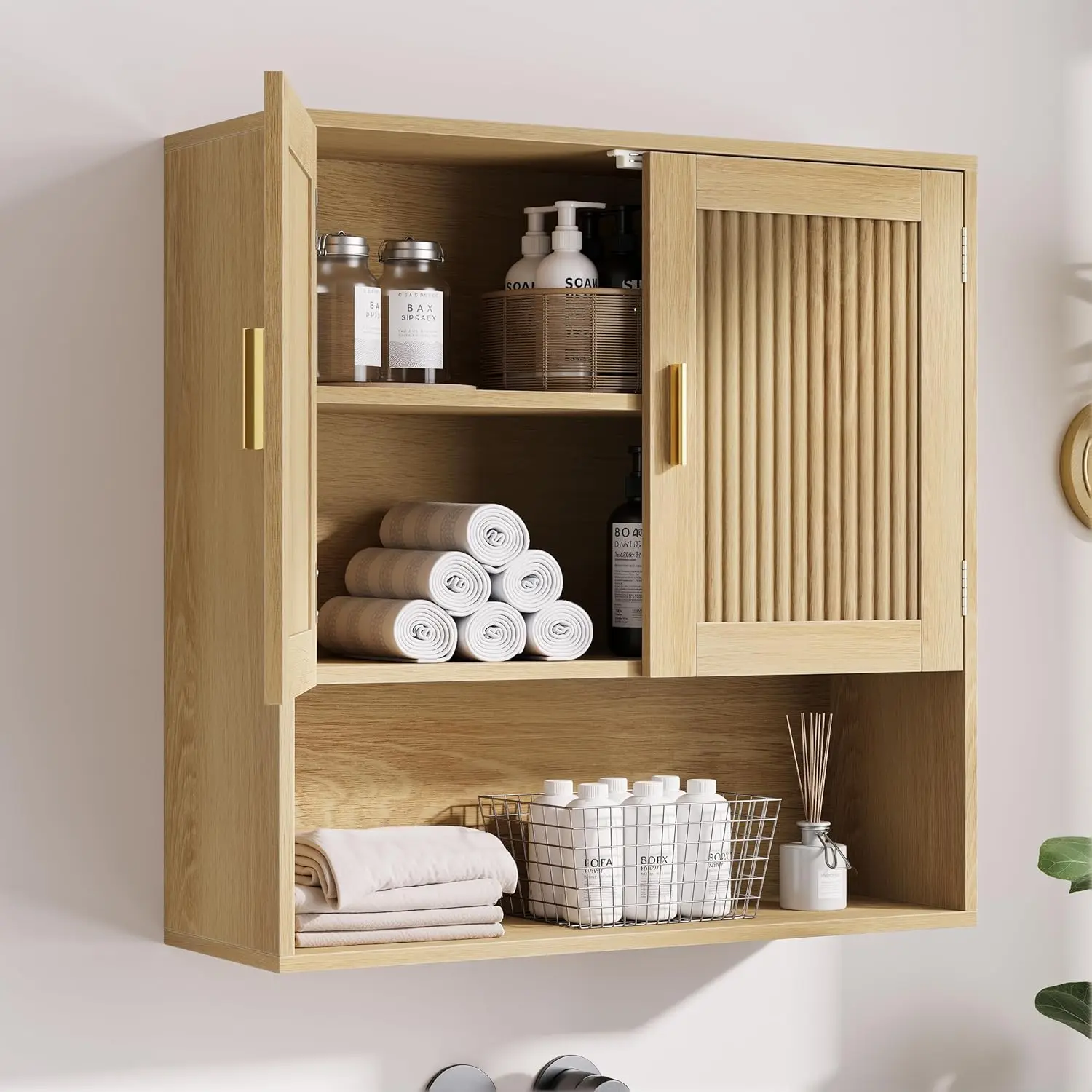 Wall Mounted Wooden Medicine Cabinet with Fluted Doors, Adjustable Shelf for Bathroom, Living Room, Laundry Room