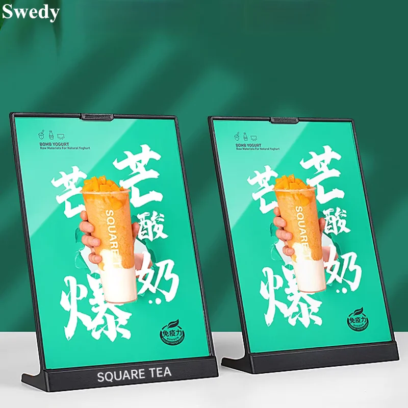 T e L Shape Table Titular de sinal de plástico, Card Display Stand, Menu vertical, Price Flyer, Cartaz de papel, Photo Picture Frame, A5