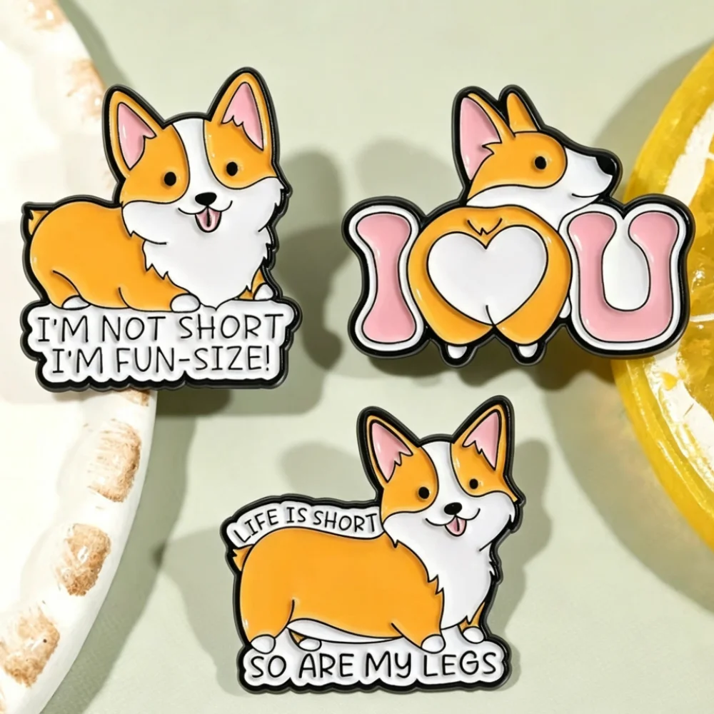 Cartoon Welsh Corgi Hard Enamel Badge Set Playful Funny Quote Design Lovely Pet Lapel Pin Denim Bag Ornament ForAnimalCollectors