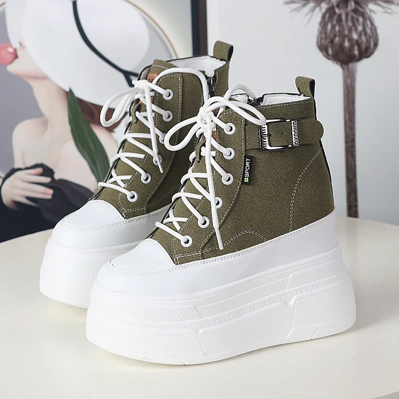 

13cm Genuine Leather Vulcanize Chunky Sneaker High Brand Comfy Spring Autumn Summer Platform Vulcanize Women Shoes