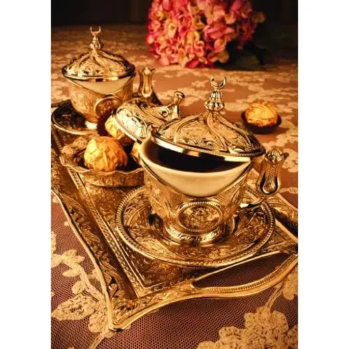 Addict UNIQUE Oriental 11 Piece Espresso Turkish Coffee SET for 2 (2 Porcelain cups,2 copper cup holders,2 lids,2 saucers,1 tra