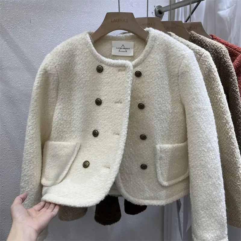 Manteau court en laine d\'agneau à col rond, veste en coton, style design de luxe, double boutonnage, décontracté, tempérament noble, chaud, automne,