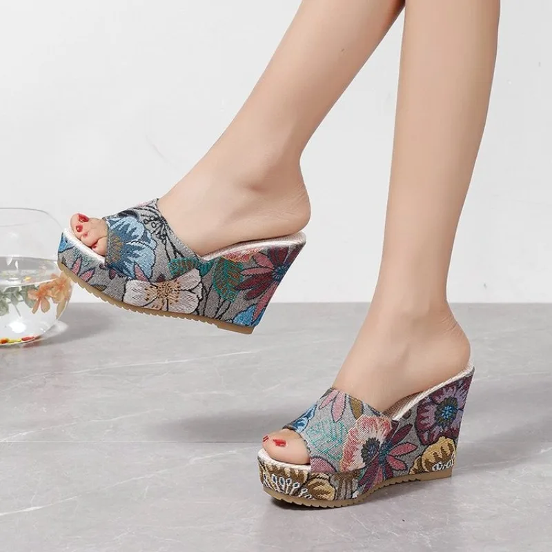 

Ladies Shoes 2026 Peep Toe Women's Slippers Fashion Print Wedges High Heels Shoes Casual Slippers Women Summer Platform Sandals