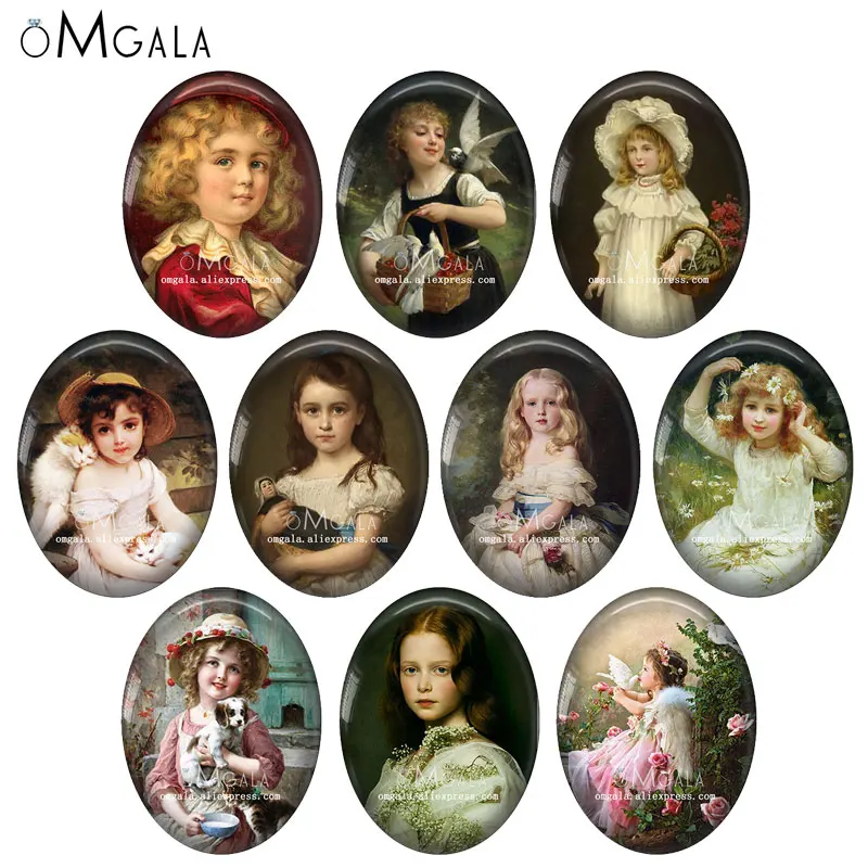 

Retro Baby Girls Oil Paintings Patterns 10pcs 13x18mm/18x25mm/30x40mm Oval photo glass cabochon demo flat back Making findings