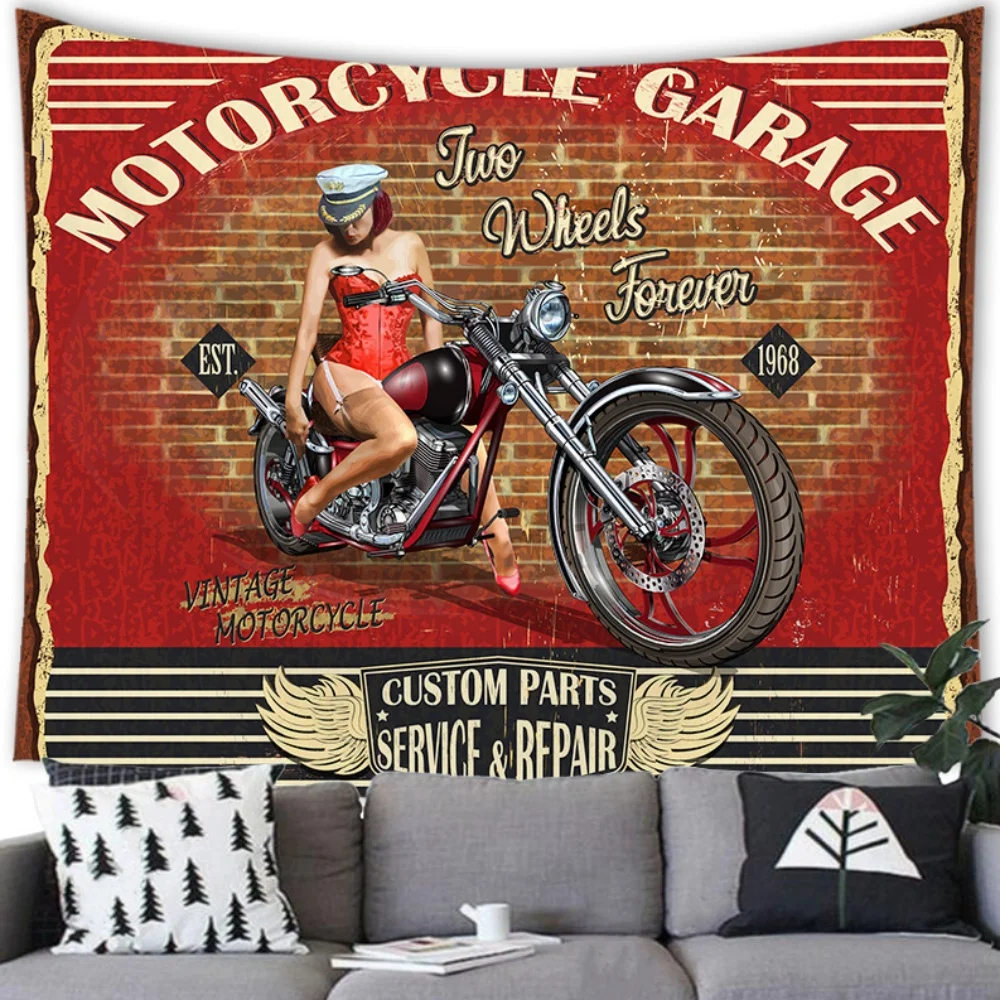 Retro Motorcycle Beauty Wall Hanging Tapestry Hippie Bohemian Wall Tapestry Home Decor Bar Garage Cafe Club Wall Hanging Cloth