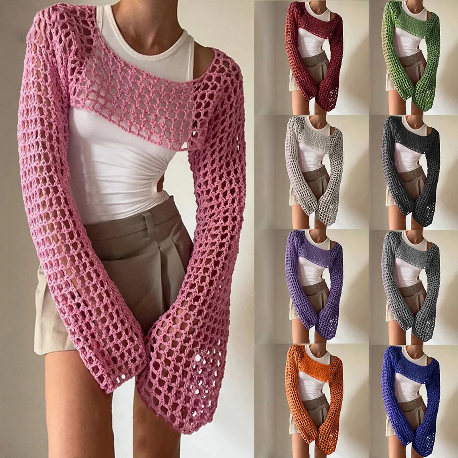 Haut court en maille à manches longues pour femmes, crochet, couvertures, évider, chemises de plage, vacances, été, Y2K, Y-2024