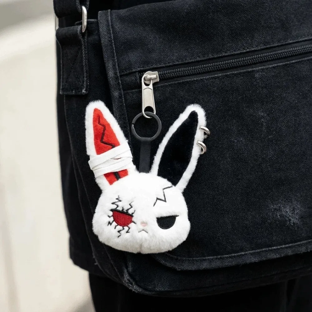 PP Cotton Plush Bunny Keychain Hoop Earrings Animal Wounded Rabbit Keyring Spooky Design Gothic Cute Furry Bag Pendant Daily Use