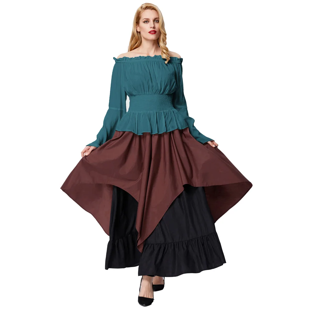 BP Women\'s Retro Vintage Long Sleeve Blouse Renaissance Off Shoulder Smocked Waist Tops Gothic Victorian Bell Sleeves Shirts