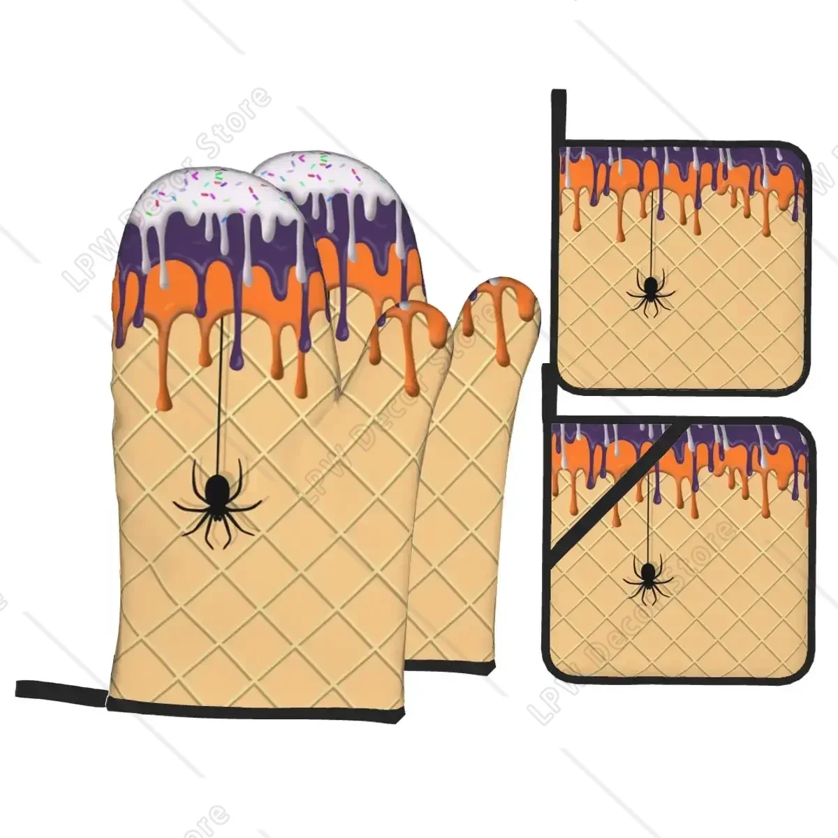 

Melting Ice Cream Spider Cone Oven Mitts and Pot Holders for Kitchen 4pcs Sets Heat Resistant Baking BBQ Cooking Gloves