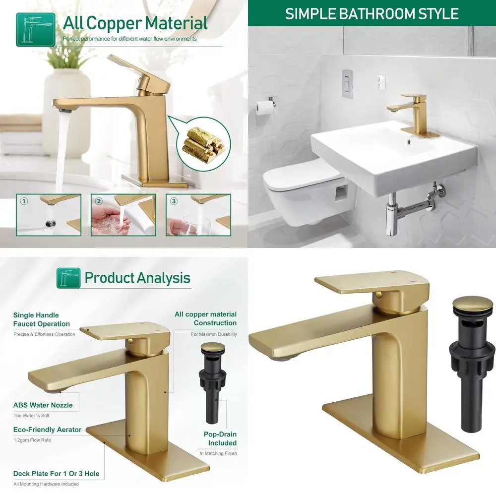 

Single Handle Brushed Gold Sink Faucet with Pop-Up Drain for 1 or 3 Hole Bathroom Vanity
