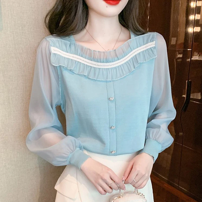 Women Clothing Stylish Ruffle Sweet Chic Blouses Elegant Square Collar Solid Slim Chiffon Shirts Casual Long Sleeve Fairy Tops