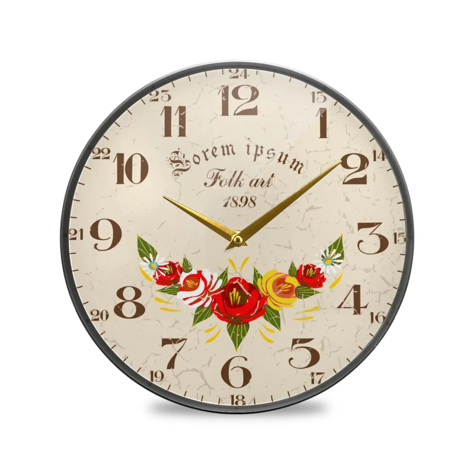 Vintage Flower Print Round Acrylic Wall Clock Silent Non-Ticking Battery Operated Hanging Wall Watch Quiet Desk Clock Home Decor