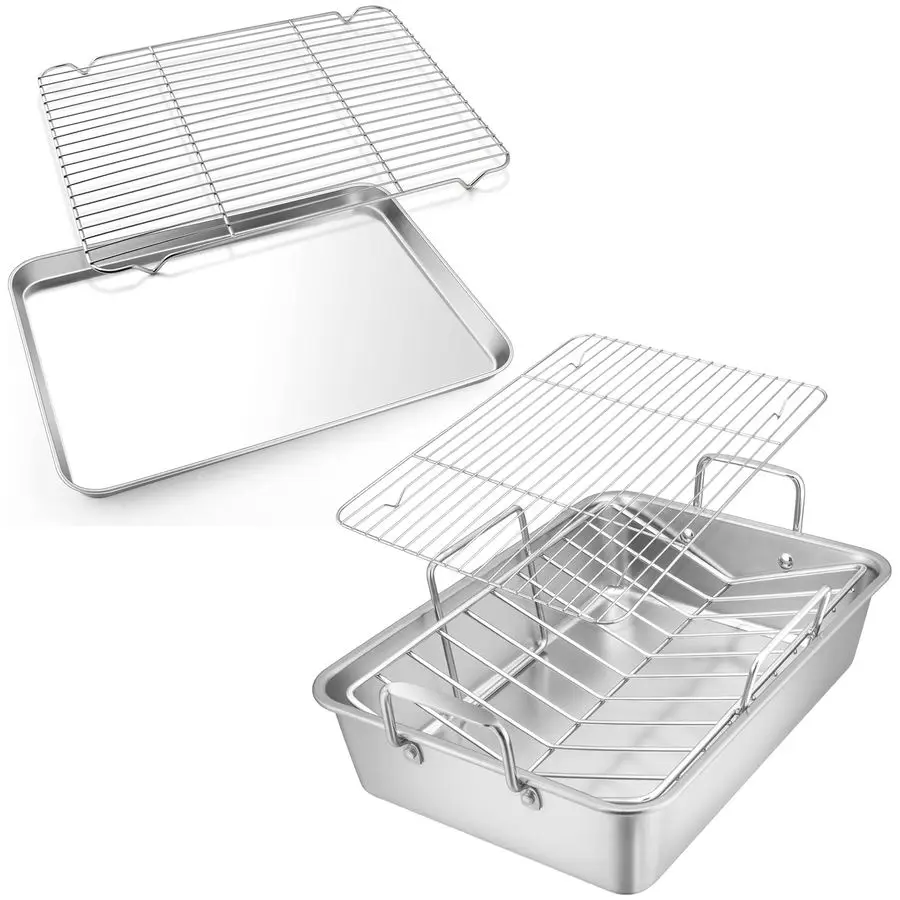 

Roasting Pan and Cookie Sheet with Rack Set, Stainless steel Turkey Roaster with Rack and Baking Pan, Deep Broiling Pan amp Vsha