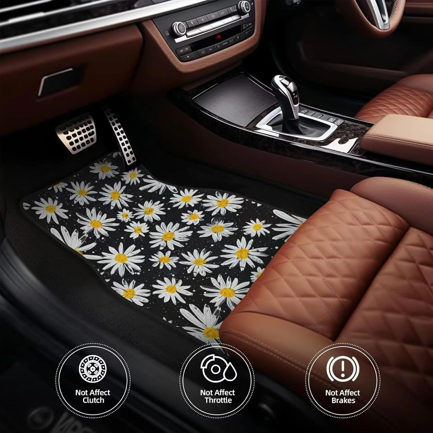 Complete Set Of Car Floor Mats Designed For Suvs, Vans, And Trucks, Featuring An Adorable Daisy Flower Pattern Suitable For All