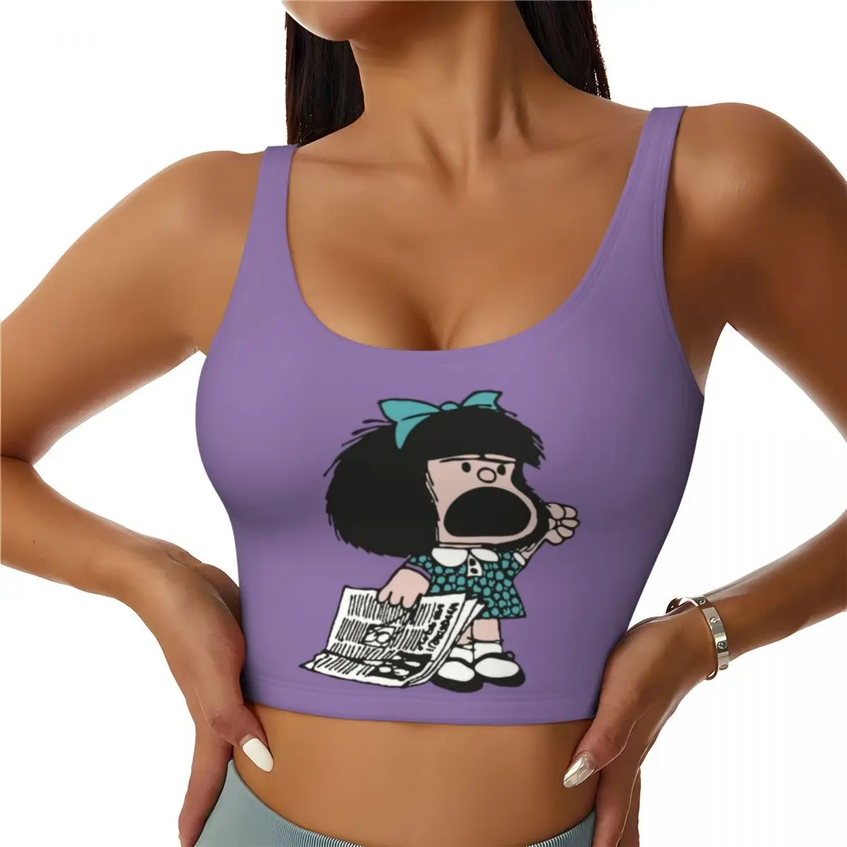 

Custom High Impact Mafalda Protesting Sports Bra Women's Classic Cartoon Gym Workout Yoga Crop Top