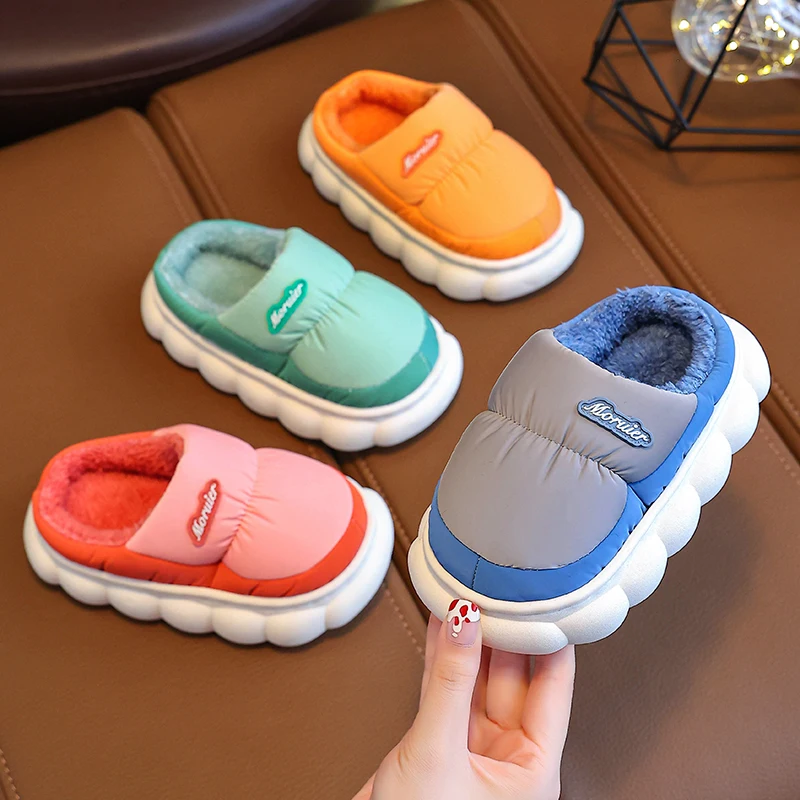 2024 New Winter Waterproof Cloth Warm Indoor Mule Soft Non-slip Fluffy Slippers For Kids Boys Girls Children Home Cotton Shoes