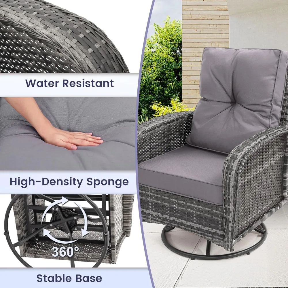 3 Piece Patio Furniture Set, Outdoor Swivel Glider Rocker, Wicker Patio Bistro Set with Rattan Rocking Chair, Glass Top Table f