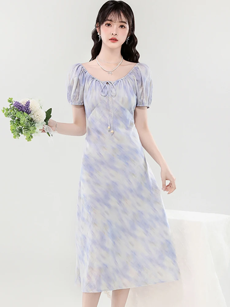 

2025 New Purple Print Chiffon Chic Bow Collar Long Dress Women Korean Elegant Holiday Dress Summer Fashion Bodycon Holiday Dress