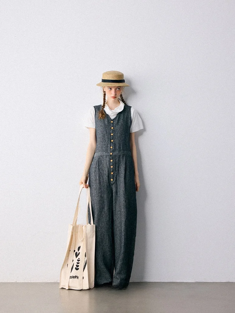 

Piggy Piggy Japanese Sle Youthful Linen Cotton Gingham Pattern Svel V-Ne Rer Long Wide Leg Pants Commute Wear