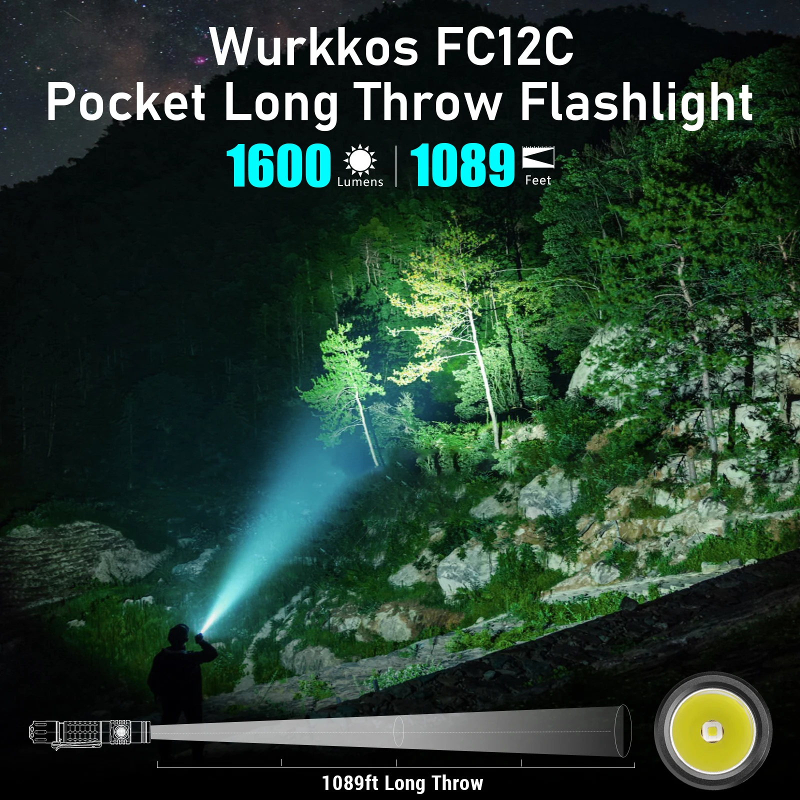 Wurkkos FC12C Compact Tactical Flashlight 1600LM IP68 Rechargeable Torch with 18650 Battery & Tail Press for Camping Rescue Uses