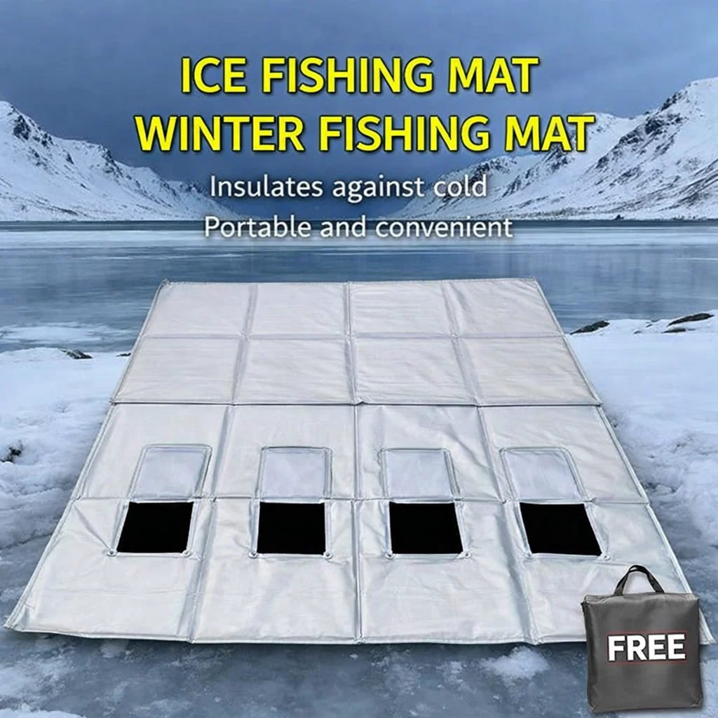 

Insulated Ice Fishing Mat - 10mm Thick Waterproof Pad with 4 Ice Hole Covers, Portable Foldable for Winter Fishing & Camping