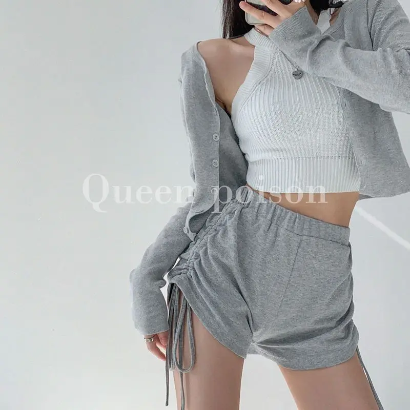 Pantaloncini slim a vita alta a gamba larga casual a gamba dritta larghi estivi da donna con coulisse