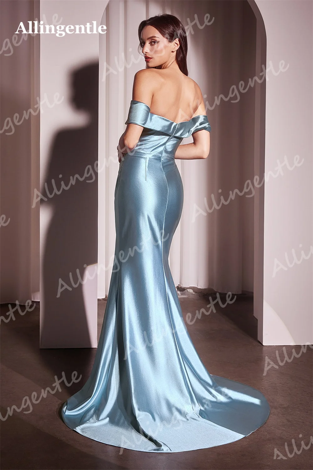 Allingentle Off Shoulder Prom Party Dresses For Wedding Mermaid Satin Bridesmaid Dress with Slit Ruched Evening Gowns Customized