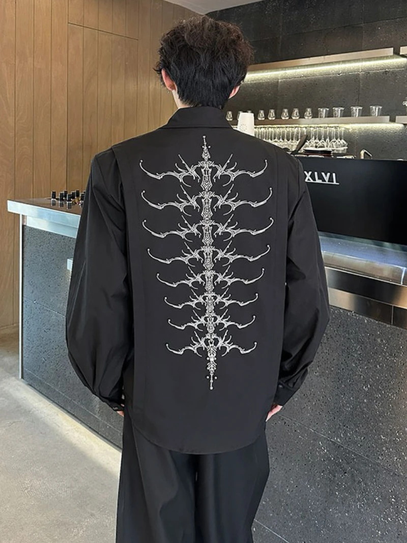 Heavy Industry Embroidery Bead Spine Deconstruction Shoulder Cushion Shirt Men High Street Social Nightclub Performance Shirts