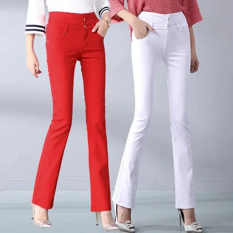 Primavera outono branco denim micro-flare calças femininas estudantes versão coreana é calças de perna larga moda casual leggings jj999