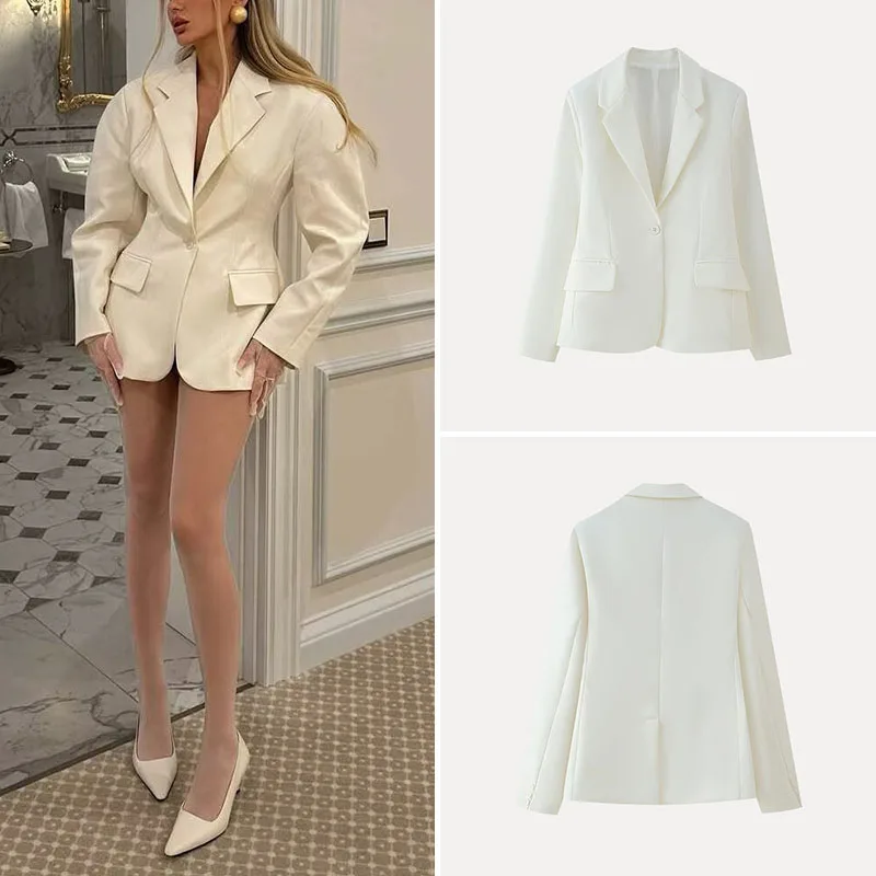 

Ele Pure Color Long Sve Suit Jaet for Women Spring 2025 Faion Versatile Quali Polyester Collared Outerwear