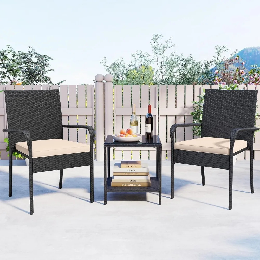 

3 Pieces Patio Furniture Set, PE Rattan Outdoor Cushioned Conversation Chairs with 2-Tier Tempered Glass Tabletop Table