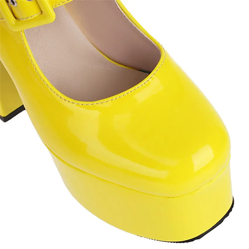 Summer Women Platform Sandals Black Yellow Patent Leather High Block Heels Mule Sexy Party Lady Buckle Strap Square Toe Slippers