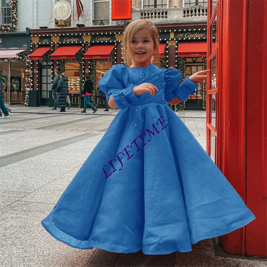 カスタマイズされた素敵な光沢のあるスパンコールフラワーガールドレス結婚式用ハイネック長袖パフフリル膝丈ドレス女の子誕生日