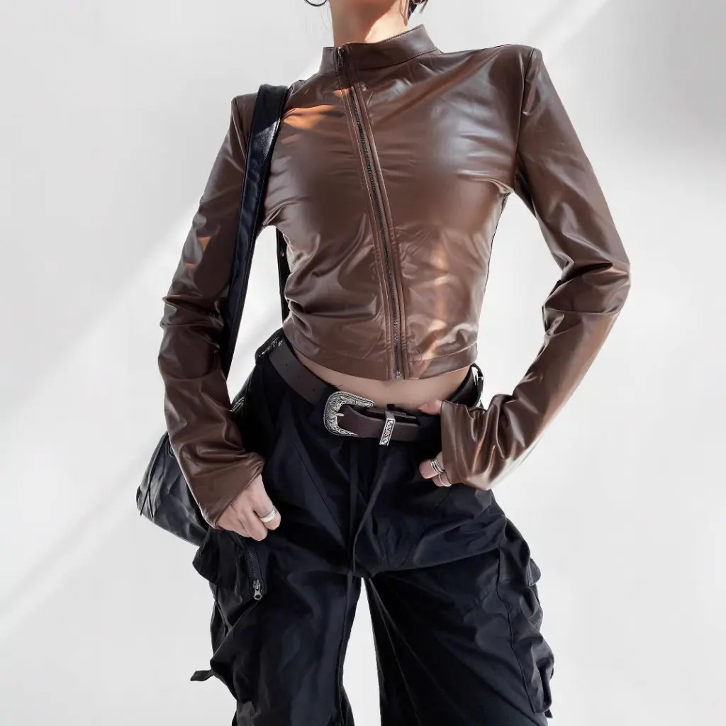 スパイスガールスタイルPUレザージャケット女性用斜めジッパースペシャルエージェントデザインスリムフィット縦襟秋新作