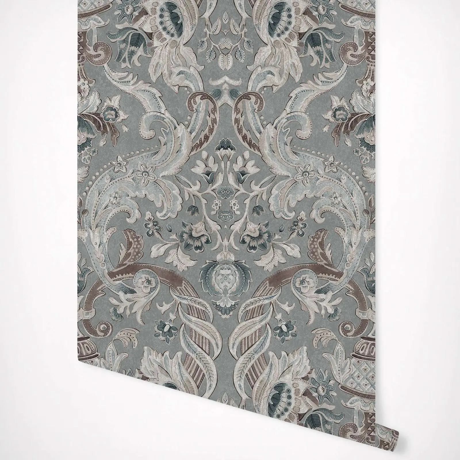 Baroque Damask Pattern Wallpaper Peel and Stick , Delicate Shading Elegant Patterngray Wall Mural  ,Abstract Grey Wall Paper