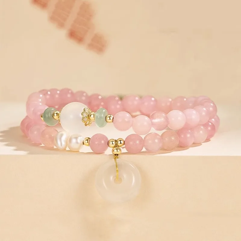 Minar Sweet Double Layered Pink Color Crystal Natural Stone Peace Buckle Pendant Beaded Strand Bracelets for Women Birthday Gift