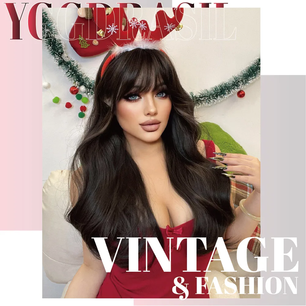 24Inch Vintage Style Dark Brown Synthetic Wigs With Bangs Medium Natural Wavy Hair Wig For Women Daily Use Party Heat Resistant