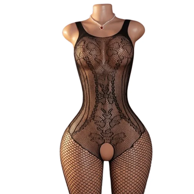 1-Piece Sexy Floral Lace Bodysuit – Open-Crotch Striped Mesh Lingerie, Criss-Cross Back Exotic One-Piece, Stretchy Sleepwear