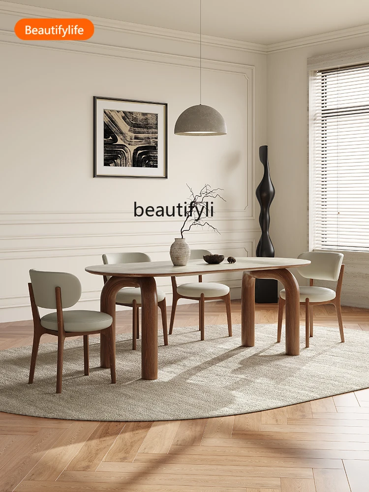 Nordic Solid Wood Dining Table French Entry Lux Modern Minimalist Oval Dining Table Home Silent Style Designer Stone Plate
