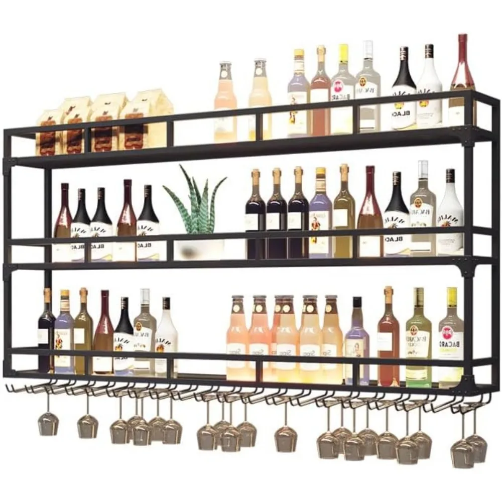 Large Heavy Duty Wine Rack LED Wall Mounted Bottle Glass Holder Under Shelf Liquor Floating Shelves Display Storage Organizer